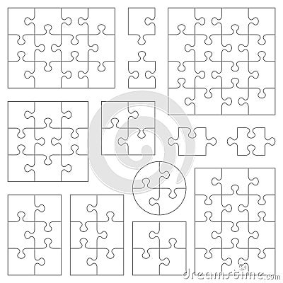 Jigsaw puzzle templates and pieces collection. Classic, accurate, transparent. Vector Illustration